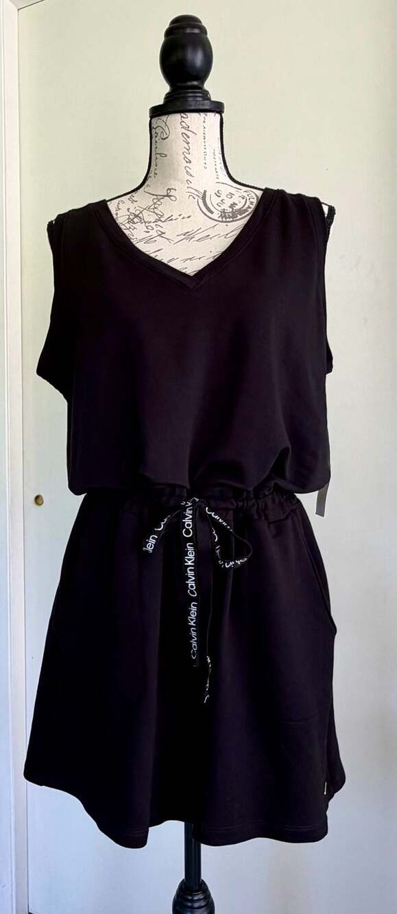 Calvin Klein Sleeveless V-Neck Drawstring Sweatshirt Mini Dress with Pockets L